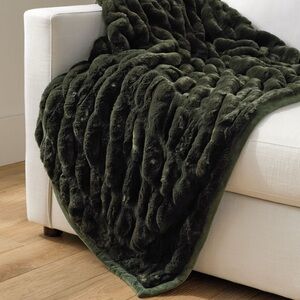 Pottery Barn Dark Green Faux Fur Ruched Throw